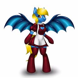 Size: 4000x4000 | Tagged: safe, artist:skairsy, imported from derpibooru, oc, oc only, oc:aliax smily, anthro, bat pony, pony, unguligrade anthro, bat pony oc, bat wings, boob window, breasts, cleavage, clothes, commission, crossdressing, cute, dress, gloves, hoof gloves, long gloves, maid, male, socks, spread wings, thigh highs, wings, ych result