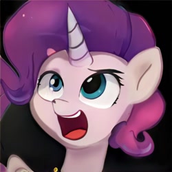 Size: 1024x1024 | Tagged: safe, artist:thisponydoesnotexist, imported from derpibooru, pony, unicorn, ai content, ai generated, artificial intelligence, black background, female, generator:thisponydoesnotexist, mare, neural network, not rarity, open mouth, simple background, solo