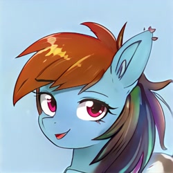 Size: 1024x1024 | Tagged: safe, artist:thisponydoesnotexist, imported from derpibooru, oc, oc only, earth pony, pony, ai content, ai generated, artificial intelligence, blue background, ear piercing, earring, female, generator:thisponydoesnotexist, jewelry, mare, multicolored hair, neural network, not rainbow dash, open mouth, piercing, rainbow hair, simple background, solo