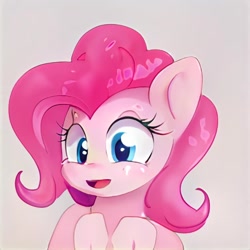 Size: 1024x1024 | Tagged: safe, artist:thisponydoesnotexist, imported from derpibooru, oc, oc only, pony, ai content, ai generated, artificial intelligence, female, generator:thisponydoesnotexist, mare, neural network, not pinkie pie, open mouth, pink background, raised hoof, simple background, solo