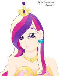 Size: 421x535 | Tagged: safe, artist:wrath-marionphauna, imported from derpibooru, princess cadance, human, clothes, corset, crown, digital art, ear piercing, earring, female, humanized, jewelry, piercing, regalia, simple background, solo, worried