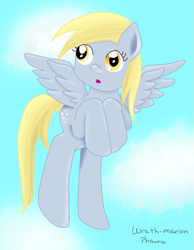 Size: 661x853 | Tagged: safe, artist:wrath-marionphauna, imported from derpibooru, derpy hooves, pony, cloud, digital art, female, flying, solo, surprised