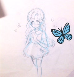 Size: 1488x1557 | Tagged: safe, artist:pinetree0831, imported from derpibooru, fluttershy, butterfly, human, clothes, dress, female, humanized, solo, traditional art