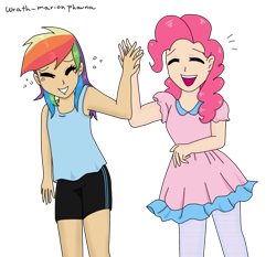 Size: 762x711 | Tagged: safe, artist:wrath-marionphauna, imported from derpibooru, pinkie pie, rainbow dash, human, clothes, digital art, dress, female, humanized, simple background, smiling, solo