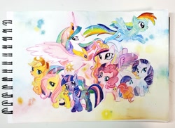 Size: 1024x746 | Tagged: safe, artist:kayan_n, imported from derpibooru, applejack, fluttershy, pinkie pie, princess cadance, princess celestia, rainbow dash, rarity, twilight sparkle, mane six, traditional art, watercolor painting