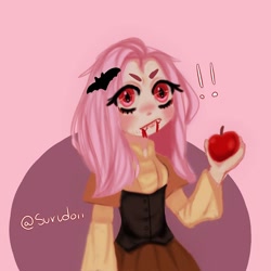 Size: 1080x1080 | Tagged: safe, artist:surudoii, imported from derpibooru, fluttershy, human, apple, bat ponified, blood, caught, clothes, exclamation point, fangs, female, flutterbat, food, humanized, makeup, race swap, signature, solo, wide eyes