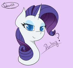 Size: 2500x2300 | Tagged: safe, artist:fabián art, imported from derpibooru, rarity, pony, unicorn, bust, cute, female, looking at you, mare, purple background, raribetes, simple background, solo