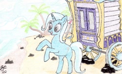 Size: 1280x773 | Tagged: safe, artist:2468mlpappreciate, imported from derpibooru, trixie, pony, unicorn, beach, female, mare, ocean, palm tree, rearing, rock, solo, traditional art, tree, trixie's wagon