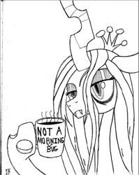 Size: 652x819 | Tagged: source needed, safe, artist:dandereshy, imported from derpibooru, queen chrysalis, changeling, changeling queen, coffee, coffee mug, crown, cute, cutealis, female, how do hooves work?, jewelry, lineart, mug, pencil drawing, queen chrysalis is not amused, regalia, steam, text, traditional art, unamused