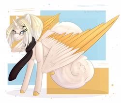 Size: 2756x2343 | Tagged: safe, artist:chrystal_company, imported from derpibooru, oc, oc only, alicorn, pony, alicorn oc, clothes, colored hooves, glasses, horn, scarf, solo, two toned wings, wings