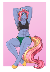 Size: 2733x3934 | Tagged: safe, artist:blackblood-queen, imported from derpibooru, oc, oc only, oc:denim girder, anthro, earth pony, unguligrade anthro, abs, biceps, clothes, commission, digital art, earth pony oc, female, hamstrings, mare, muscles, muscular female, quadriceps, shorts, solo, sports bra, sports shorts, sweat