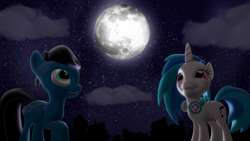 Size: 7680x4320 | Tagged: safe, artist:agkandphotomaker2000, imported from derpibooru, dj pon-3, vinyl scratch, oc, oc:pony video maker, pegasus, pony, unicorn, 3d, admiring, canon x oc, cloud, female, headphones, looking up, male, moon, sfm pony, shipping, source filmmaker, stars, straight, videoscratch