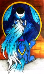 Size: 2200x3680 | Tagged: safe, artist:creature.exist, imported from derpibooru, princess luna, alicorn, pony, crescent moon, moon, night, photo, praying, solo, traditional art, window