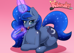 Size: 4200x3000 | Tagged: safe, artist:ribiruby, imported from derpibooru, princess luna, alicorn, pony, anatomically incorrect, candy, cute, dock, female, food, glowing horn, gradient background, high res, horn, lidded eyes, lollipop, looking at you, lunabetes, magic, mare, open mouth, prone, smiling, solo, telekinesis, tongue out, wingless