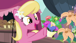 Size: 1280x720 | Tagged: safe, imported from derpibooru, screencap, lily, lily valley, earth pony, pony, it isn't the mane thing about you, cute, female, flower, happy, lily (flower), mare, open mouth, solo