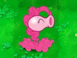 Size: 425x319 | Tagged: artist needed, safe, artist:to touru, imported from derpibooru, pinkie pie, earth pony, original species, plant pony, cute, eyes closed, funny, grass, grass field, peanuts, peashooter, plant, plants vs zombies, simple background, species swap, wat