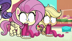 Size: 1920x1080 | Tagged: safe, imported from derpibooru, screencap, applejack, fluttershy, rarity, pony, meet potion nova!, my little pony: pony life, spoiler:pony life s01e21, g4.5, jaw drop