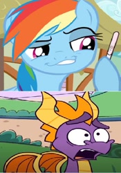 Size: 363x518 | Tagged: safe, edit, edited screencap, imported from derpibooru, screencap, rainbow dash, dragon, pegasus, faic, hoof hold, implied interspecies, implied shipping, magnetic hooves, pregnancy test, pregnancy test meme, shocked expression, spyro the dragon, spyro the dragon (series), spyro's bad day, spyrodash