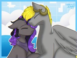 Size: 400x300 | Tagged: artist needed, source needed, safe, imported from derpibooru, oc, oc only, oc:marshy, oc:snuggle, earth pony, pegasus, pony, bandana, cloud, eyes closed, horns, simple background