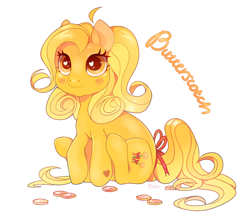 Size: 902x792 | Tagged: safe, artist:pinle, imported from derpibooru, butterscotch (g3), blushing, bow, candy, female, food, g3, heart, heart eyes, lollipop, mare, simple background, sitting, text, white background, wingding eyes