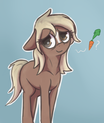 Size: 950x1120 | Tagged: artist needed, safe, artist:t72b, imported from derpibooru, earth pony, pony, art pack:marenheit 451 post-pack, /mlp/, carrot, charity, dialogue, female, food, gradient background, hungry, looking at you, mare, ponified, ponified horse, simple background, smiling, solo, verity