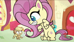 Size: 960x540 | Tagged: safe, imported from derpibooru, screencap, applejack, fluttershy, earth pony, pegasus, pony, my little pony: pony life, the trail less trotten, spoiler:pony life s01e07, adoracreepy, animated, creepy, cute, female, g4.5, giant pegasus, giantshy, liarjack, lies, looking at you, macro, mare, shyabetes, sound, stare, staring into your soul, the stare, webm