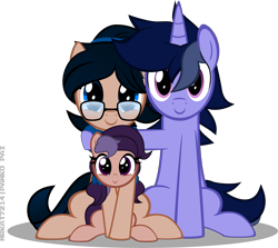 Size: 7548x6733 | Tagged: safe, artist:mrkat7214, imported from derpibooru, oc, oc only, oc:crescend cinnamon, oc:lavender adagio, oc:purple flix, earth pony, pony, unicorn, absurd resolution, family, father and child, father and daughter, female, glasses, husband and wife, looking at you, male, mother and child, mother and daughter, simple background, sitting, transparent background, vector