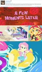 Size: 744x1287 | Tagged: safe, edit, edited screencap, editor:grapefruitface, imported from derpibooru, screencap, applejack, fluttershy, pinkie pie, rainbow dash, rarity, sci-twi, sunset shimmer, twilight sparkle, equestria girls, equestria girls series, forgotten friendship, i'm on a yacht, spoiler:eqg series (season 2), aged like milk, barefoot, belly button, clothes, collage, derpibooru comments, feet, flutterfeet, mane six, proven wrong, spongebob squarepants, spongebob time card, swimsuit, wiggling toes