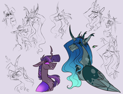 Size: 1440x1100 | Tagged: safe, artist:rockin_candies, imported from derpibooru, queen chrysalis, twilight sparkle, alicorn, changeling, pony, alternate design, changelingified, female, lesbian, ponified, purple changeling, role reversal, shipping, species swap, twiling, twisalis