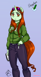 Size: 482x900 | Tagged: safe, alternate version, artist:cabrony, artist:pia-sama, imported from derpibooru, oc, oc only, oc:sleepy face, anthro, unicorn, clothes, collaboration, cutie mark, digital art, female, freckles, hand in pocket, horn, looking at you, notebook, pants, solo, standing, sunglasses, sweater, tail