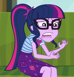 Size: 442x460 | Tagged: safe, edit, edited screencap, imported from derpibooru, screencap, sci-twi, twilight sparkle, equestria girls, equestria girls series, text support, creepy, cropped, glasses, open mouth, teeth, text support: sunset shimmer, wat