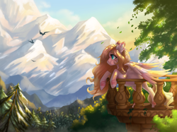 Size: 2760x2060 | Tagged: safe, artist:shady-bush, imported from derpibooru, oc, oc only, bird, pegasus, pony, balcony, commission, female, mare, mountain, scenery, solo