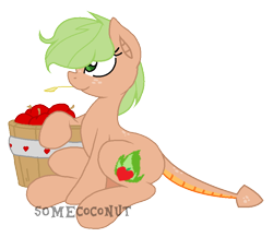 Size: 826x716 | Tagged: safe, artist:somecoconut, imported from derpibooru, oc, oc only, oc:apple wildfire, dracony, hybrid, apple, apple basket, base used, dragon tail, female, food, freckles, interspecies offspring, mare, offspring, parent:applejack, parent:spike, parents:applespike, simple background, sitting, solo, straw in mouth, transparent background