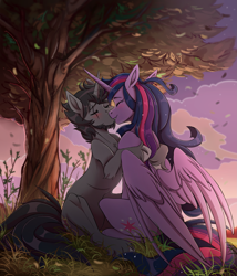 Size: 2567x3000 | Tagged: safe, artist:1an1, imported from derpibooru, twilight sparkle, oc, oc:iratus arcana, alicorn, unicorn, the last problem, blushing, canon x oc, complex background, cute, eye scar, female, hug, kissing, leaves, male, mare, outdoors, princess twilight 2.0, scar, shipping, sitting, stallion, straight, tree, twilight sparkle (alicorn), twiratus