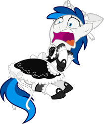 Size: 2007x2392 | Tagged: safe, artist:earth_pony_colds, imported from derpibooru, oc, oc:feathertrap, unicorn, clothes, crossdressing, femboy, maid, male, open mouth, panicking, show accurate, trap