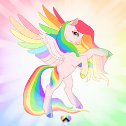 Size: 1280x1280 | Tagged: safe, artist:creeate97, imported from derpibooru, oc, oc only, pegasus, pony, bipedal, colored hooves, colored wings, heart, multicolored hair, multicolored wings, pride, rainbow hair, rainbow wings, rearing, solo, wings