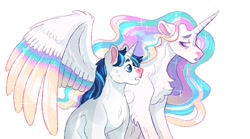 Size: 1280x712 | Tagged: safe, artist:mylittlegami, imported from derpibooru, princess celestia, shining armor, alicorn, pony, unicorn, chest fluff, colored wings, duo, female, male, mare, simple background, stallion, story included, white background, wings