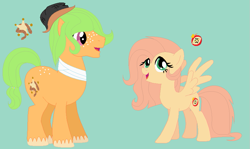 Size: 873x519 | Tagged: safe, artist:somecoconut, imported from derpibooru, oc, oc only, oc:sherif amo poma, oc:soft slice, earth pony, pegasus, pony, base used, blue background, brother and sister, cutie mark, earth pony oc, female, freckles, hat, male, mare, offspring, parent:big macintosh, parent:fluttershy, parents:fluttermac, pegasus oc, siblings, simple background, spread wings, stallion, wings