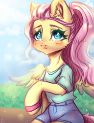 Size: 2000x2600 | Tagged: safe, artist:zefirka, imported from derpibooru, fluttershy, pegasus, semi-anthro, alternate hairstyle, blushing, clothes, cute, ponytail, shyabetes