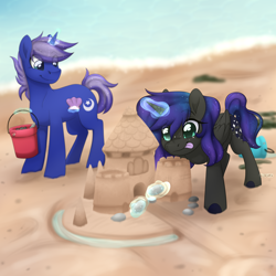 Size: 3500x3500 | Tagged: safe, artist:dreamy, artist:lionbun, artist:littledreamycat, imported from derpibooru, oc, oc:lumen, oc:lunaris, oc:new moon, alicorn, unicorn, beach, colt, commission, female, filly, magic, male, mare, oyster, parent:princess luna, sand castle, sandcastle, siblings, stallion, sunny day