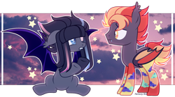 Size: 2682x1491 | Tagged: safe, artist:harmony bell, artist:rerorir, imported from derpibooru, oc, oc only, bat pony, pony, base used, commission, female, looking at each other, male, mare, stallion, ych result