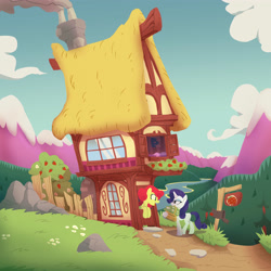 Size: 3500x3500 | Tagged: safe, artist:jimmyjamno1, imported from derpibooru, rarity, strawberry sunrise, pegasus, pony, unicorn, basket, bed, bush, chimney, cloud, cottage, duo, fence, flower, food, garden, grass, mailbox, mountain, mouth hold, poster, river, rock, scenery, smoke, strawberry, surprised, tree, window