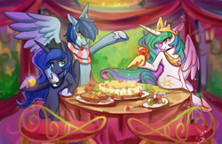 Size: 1500x980 | Tagged: safe, artist:lent, imported from derpibooru, princess celestia, princess luna, oc, oc:legendary cn, alicorn, pegasus, pony, apple, bipedal, bread, cake, food, hoof hold, table, trio