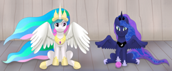 Size: 3848x1600 | Tagged: safe, artist:sane, imported from derpibooru, princess celestia, princess luna, alicorn, cat, spoiler:mlp friendship is forever, catified, female, siblings, sisters, sitting, species swap, transformation