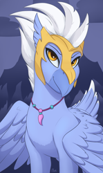 Size: 1500x2523 | Tagged: safe, artist:ailoy4, imported from derpibooru, sky beak, hippogriff, beak, cloud, helmet, jewelry, looking at you, male, necklace, signature, simple background, smiling, solo, standing, wings, yellow eyes