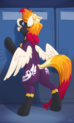 Size: 1179x1947 | Tagged: safe, artist:ailoy4, imported from derpibooru, oc, oc:hotfix, pegasus, pony, clothes, costume, dock, goggles, looking at you, looking back, looking back at you, male, multicolored hair, shadowbolts costume, smiling, stallion