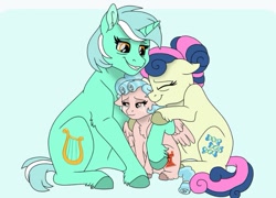 Size: 715x515 | Tagged: safe, artist:faitheverlasting, edit, imported from derpibooru, bon bon, cozy glow, lyra heartstrings, sweetie drops, a better ending for cozy, adorabon, cozybetes, cropped, cute, female, implied adoption, lesbian, lyrabetes, lyrabon, older bon bon, older lyra heartstrings, shipping