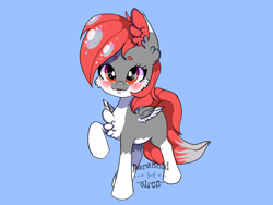 Size: 1600x1200 | Tagged: safe, artist:paranoid_siren, imported from derpibooru, oc, oc only, pegasus, pony, blue background, blushing, chest fluff, coat markings, ear fluff, female, mare, pegasus oc, raised hoof, simple background, socks (coat marking), socks (coat markings), solo, wings