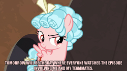 Size: 1280x720 | Tagged: safe, edit, edited screencap, editor:jaredking203, imported from derpibooru, screencap, cozy glow, pegasus, pony, frenemies (episode), bow, caption, female, filly, freckles, image macro, meme, red eyes, solo, text