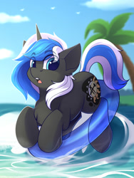 Size: 1500x2000 | Tagged: safe, artist:shadowreindeer, imported from derpibooru, oc, oc only, oc:equui-nox, pony, unicorn, commission, inflatable, inner tube, palm tree, solo, tree, water, your character here